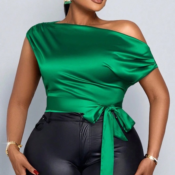 Classic One Shoulder Satin Tie Hem Cropped Top - Picture 3 of 5